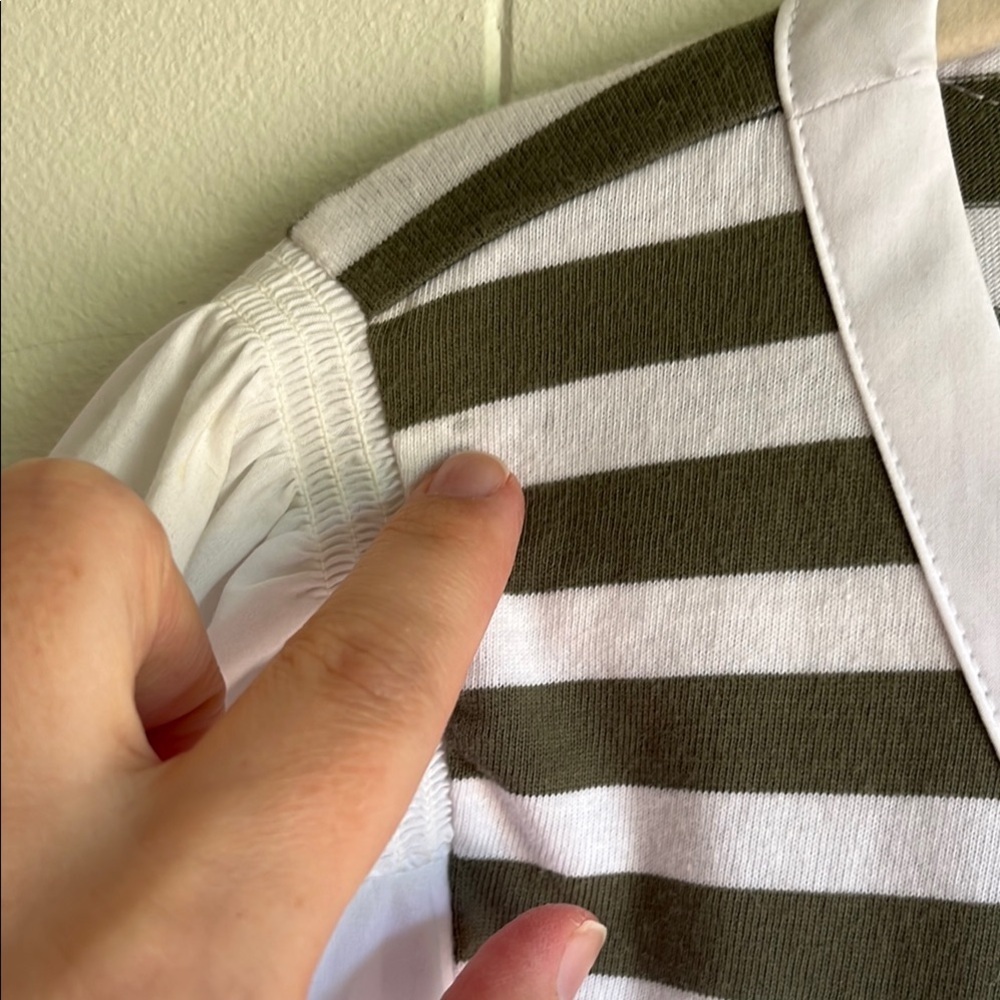 Talbots Green and White Striped Mixed Media Puff Sleeve Henley Blouse Sz XL - Picture 10 of 15